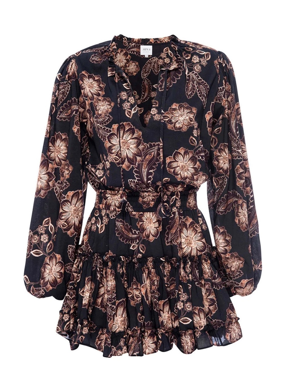Misa Lorena Long Sleeve Split Neck Ruffle Chiffon Smocked Semi Sheer Mini Dress